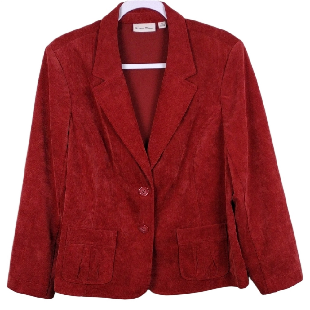 Studio Works Vintage Rust Red One Notched Collar Long Sleeve Button Front Blazer